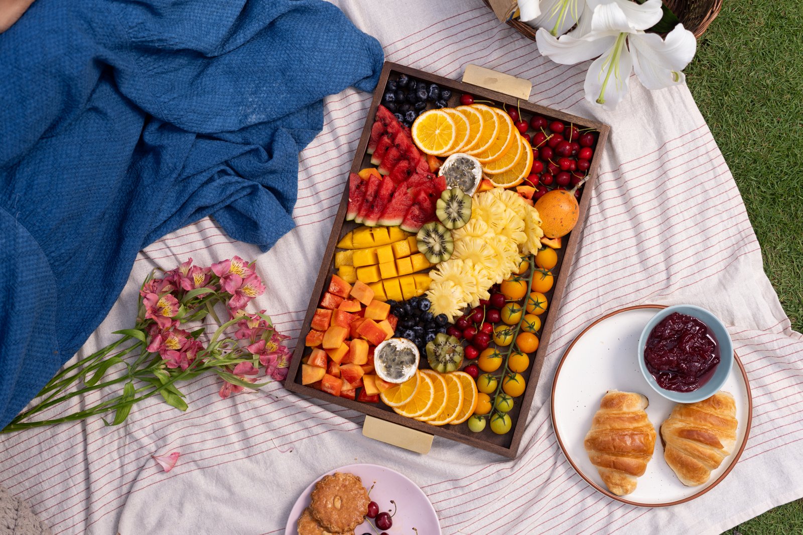 Fruit platter picnic spread on the lawn
